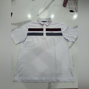 Travis Mathew White Polo with Gray and Maroon Stripes